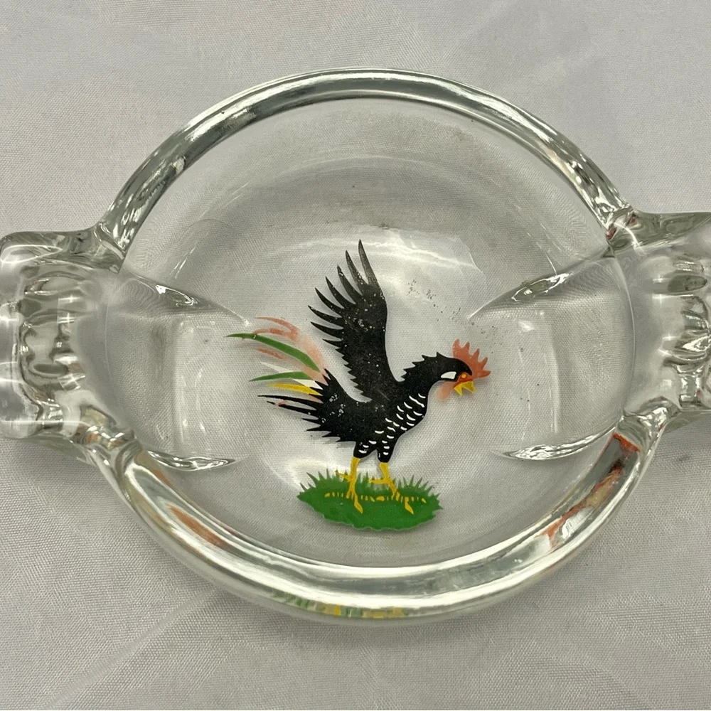 Sport King Federal Heavy Glass Ashtray With Painted Black Rooster, Vintage EUC